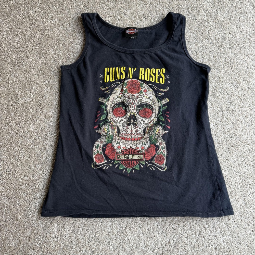 Harley-Davidson Tank Top Womens M Black Guns N Roses Sugar Skull Graphic Rock